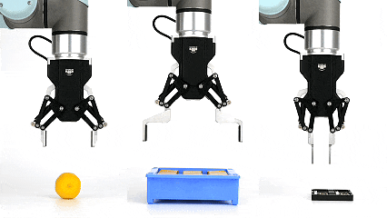 Electric gripper force control demonstration: delicate grip on fragile egg versus strong grip on steel block, showing adjustable gripping force